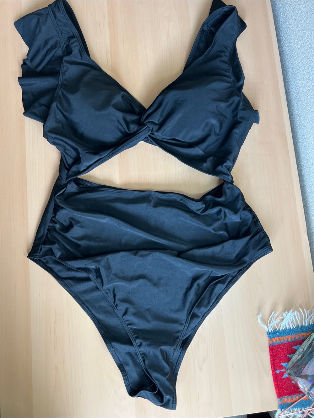 Black cut out One-Piece Swimsuit with ruffle details at shoulders  women’s